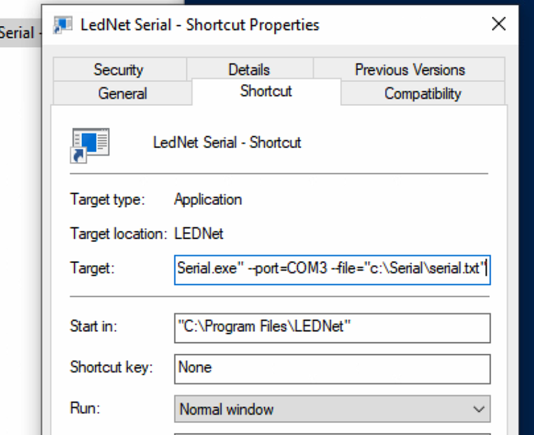 LEDNet Serial shortcut properties